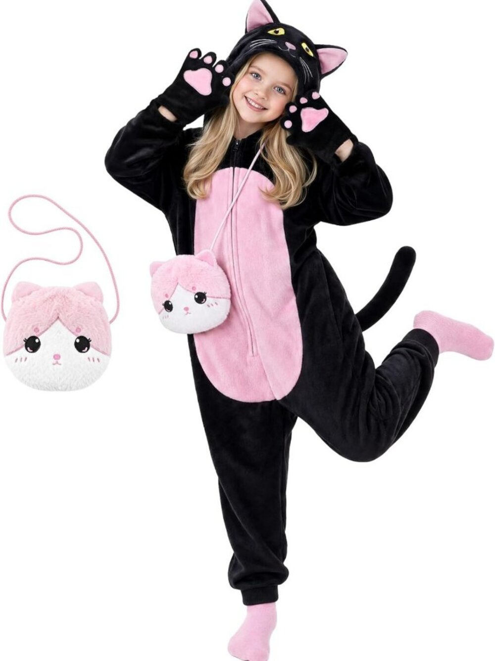 Adorable Black Cat Costume for Girls - Kids Cat Onesie with Purse Bag Accessory